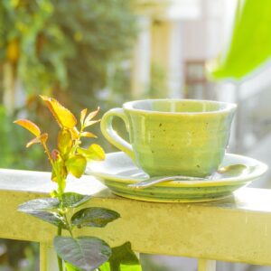 tea, cup, leaves, balcony, sunrise, cup of tea, tea green, tea cup, drinking tea, nature